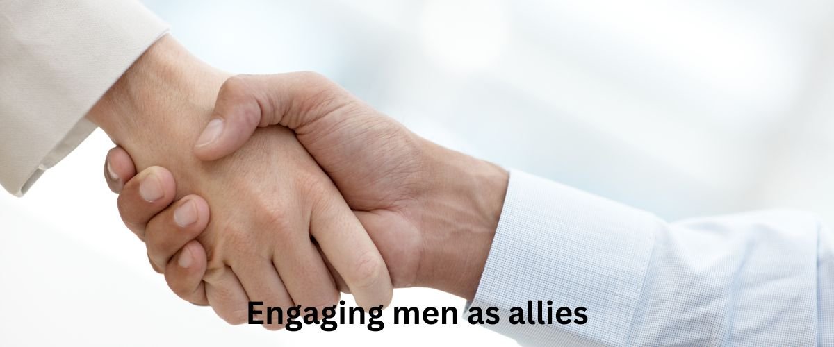 Handshake between two people with the caption 'Engaging men as allies' as a message of allyship and collaboration.